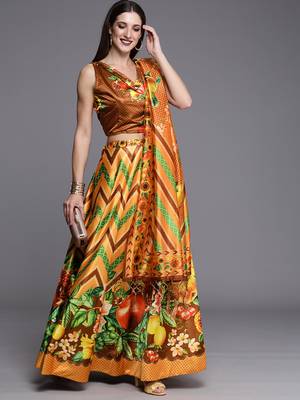 Yellow Digital Floral Print Satin Silk Fabric Semistitched Lehenga Choli With Jequared Unstitched Blouse with Dupatta 4