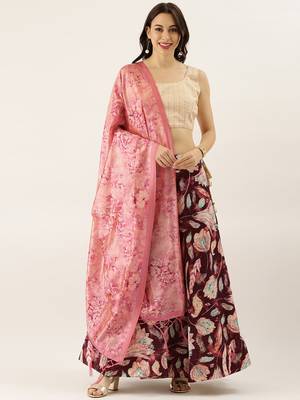 Cream Digital Floral Print Satin Silk Fabric Semistitched Lehenga Choli With Jequared Unstitched Blouse with Dupatta 1
