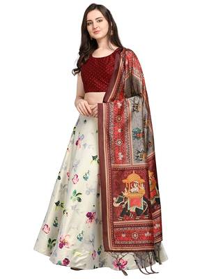 Maroon Digital Floral Print Satin Silk Fabric Semistitched Lehenga Choli With Jequared Unstitched Blouse with Dupatta 1