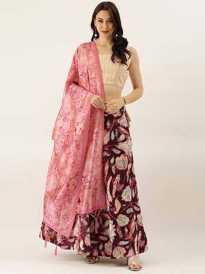 Cream Digital Floral Print Satin Silk Fabric Semistitched Lehenga Choli With Jequared Unstitched Blouse with Dupatta 2