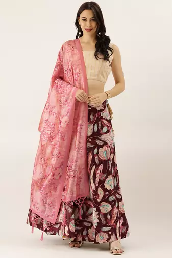 Cream Digital Floral Print Satin Silk Fabric Semistitched Lehenga Choli With Jequared Unstitched Blouse with Dupatta