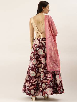 Cream Digital Floral Print Satin Silk Fabric Semistitched Lehenga Choli With Jequared Unstitched Blouse with Dupatta 3
