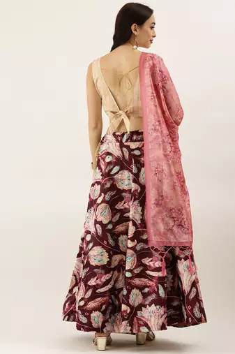 Cream Digital Floral Print Satin Silk Fabric Semistitched Lehenga Choli With Jequared Unstitched Blouse with Dupatta