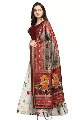 Maroon Digital Floral Print Satin Silk Fabric Semistitched Lehenga Choli With Jequared Unstitched Blouse with Dupatta