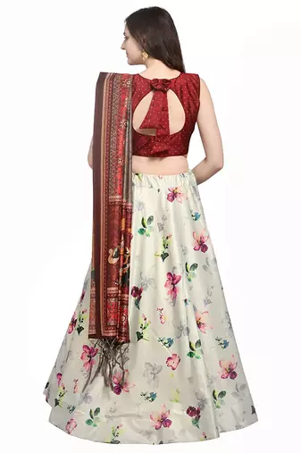 Maroon Digital Floral Print Satin Silk Fabric Semistitched Lehenga Choli With Jequared Unstitched Blouse with Dupatta