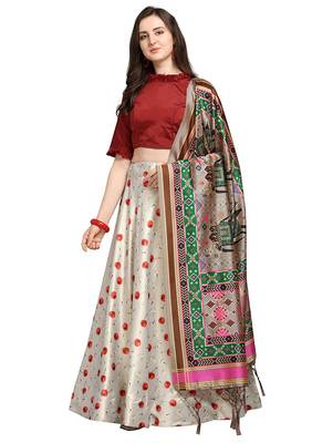 Maroon Digital Floral Print Satin Silk Fabric Semistitched Lehenga Choli With Jequared Unstitched Blouse with Dupatta 1