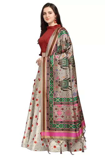 Maroon Digital Floral Print Satin Silk Fabric Semistitched Lehenga Choli With Jequared Unstitched Blouse with Dupatta