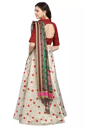 Maroon Digital Floral Print Satin Silk Fabric Semistitched Lehenga Choli With Jequared Unstitched Blouse with Dupatta