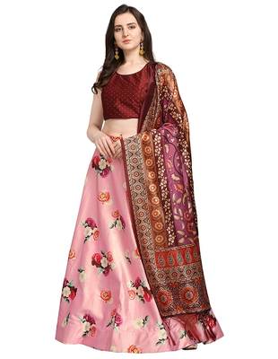 Maroon Digital Floral Print Satin Silk Fabric Semistitched Lehenga Choli With Jequared Unstitched Blouse with Dupatta 1
