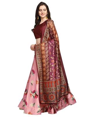 Maroon Digital Floral Print Satin Silk Fabric Semistitched Lehenga Choli With Jequared Unstitched Blouse with Dupatta 2
