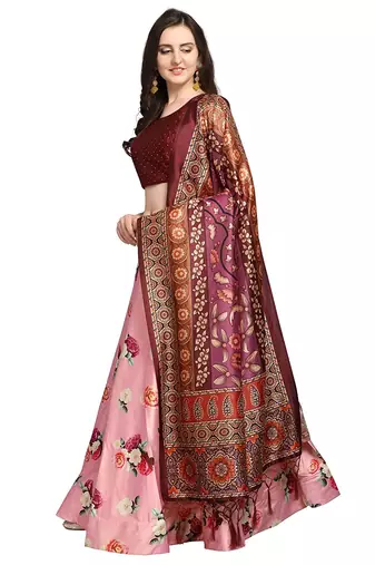 Maroon Digital Floral Print Satin Silk Fabric Semistitched Lehenga Choli With Jequared Unstitched Blouse with Dupatta