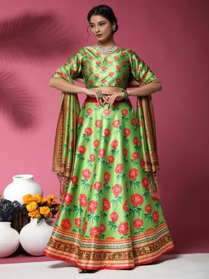 Multicolor Digital Floral Print Satin Silk Fabric Semistitched Lehenga Choli With Dupatta 1