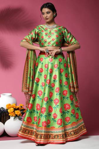 Multicolor Digital Floral Print Satin Silk Fabric Semistitched Lehenga Choli With Dupatta