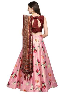 Maroon Digital Floral Print Satin Silk Fabric Semistitched Lehenga Choli With Jequared Unstitched Blouse with Dupatta 3