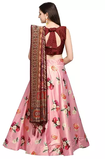 Maroon Digital Floral Print Satin Silk Fabric Semistitched Lehenga Choli With Jequared Unstitched Blouse with Dupatta