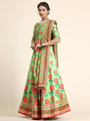 Multicolor Digital Floral Print Satin Silk Fabric Semistitched Lehenga Choli With Dupatta 2