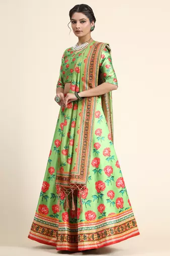 Multicolor Digital Floral Print Satin Silk Fabric Semistitched Lehenga Choli With Dupatta