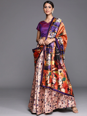 Violet Digital Floral Print Satin Silk Fabric Semistitched Lehenga Choli With Jequared Unstitched Blouse with Dupatta 1