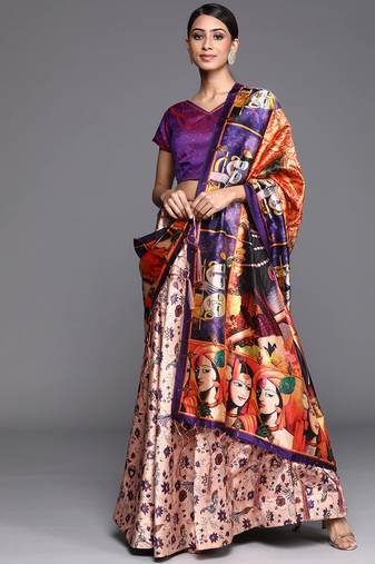 Violet Digital Floral Print Satin Silk Fabric Semistitched Lehenga Choli With Jequared Unstitched Blouse with Dupatta