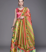 Green Digital Floral Print Satin Silk Fabric Semistitched Lehenga Choli With Jequared Unstitched Blouse with Dupatta
