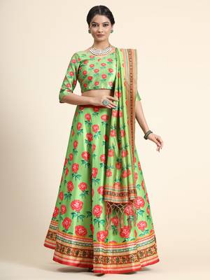 Multicolor Digital Floral Print Satin Silk Fabric Semistitched Lehenga Choli With Dupatta 3