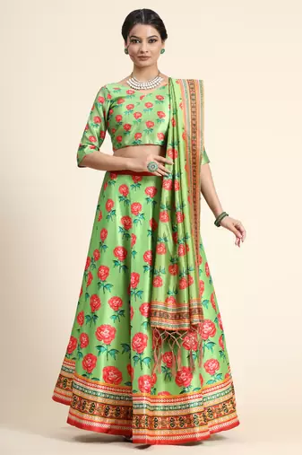 Multicolor Digital Floral Print Satin Silk Fabric Semistitched Lehenga Choli With Dupatta