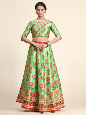 Multicolor Digital Floral Print Satin Silk Fabric Semistitched Lehenga Choli With Dupatta 4