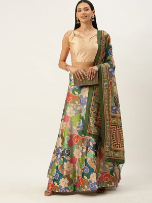 Multicolor Digital Floral Print Satin Silk Fabric Semistitched Lehenga Choli With Dupatta 1