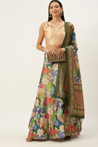 Multicolor Digital Floral Print Satin Silk Fabric Semistitched Lehenga Choli With Dupatta