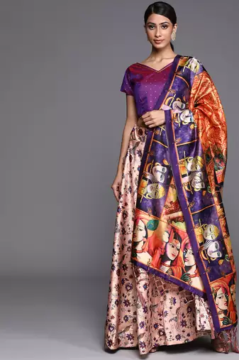 Violet Digital Floral Print Satin Silk Fabric Semistitched Lehenga Choli With Jequared Unstitched Blouse with Dupatta