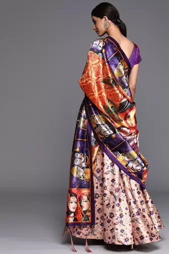 Violet Digital Floral Print Satin Silk Fabric Semistitched Lehenga Choli With Jequared Unstitched Blouse with Dupatta