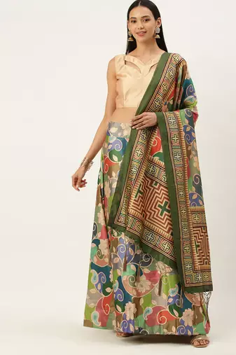 Multicolor Digital Floral Print Satin Silk Fabric Semistitched Lehenga Choli With Dupatta