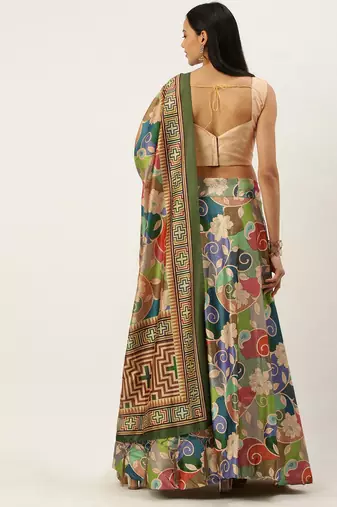 Multicolor Digital Floral Print Satin Silk Fabric Semistitched Lehenga Choli With Dupatta