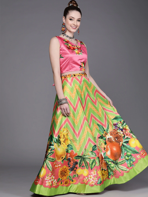 Green Digital Floral Print Satin Silk Fabric Semistitched Lehenga Choli With Jequared Unstitched Blouse with Dupatta 3