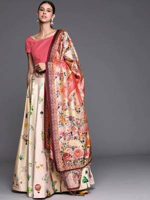 cream digital floral print satin silk lehenga choli with dupatta 1
