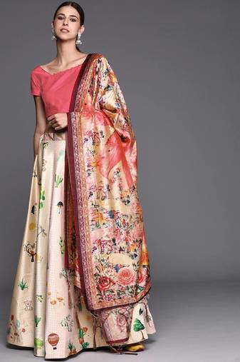 cream digital floral print satin silk lehenga choli with dupatta