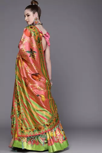 Green Digital Floral Print Satin Silk Fabric Semistitched Lehenga Choli With Jequared Unstitched Blouse with Dupatta