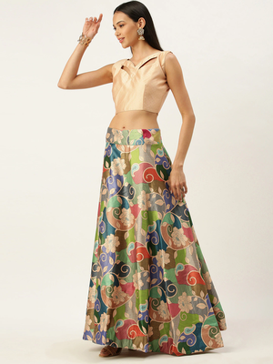 Multicolor Digital Floral Print Satin Silk Fabric Semistitched Lehenga Choli With Dupatta 4