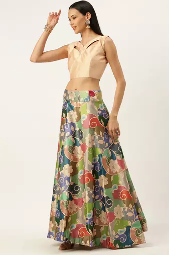Multicolor Digital Floral Print Satin Silk Fabric Semistitched Lehenga Choli With Dupatta