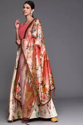 cream digital floral print satin silk lehenga choli with dupatta