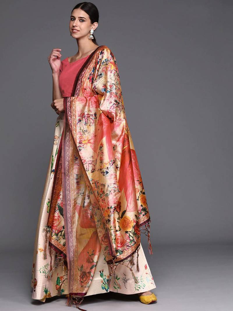 cream digital floral print satin silk lehenga choli with dupatta