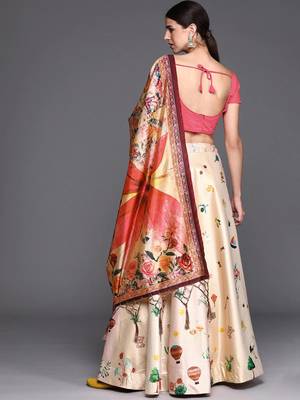 cream digital floral print satin silk lehenga choli with dupatta 3