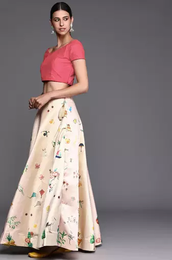 cream digital floral print satin silk lehenga choli with dupatta