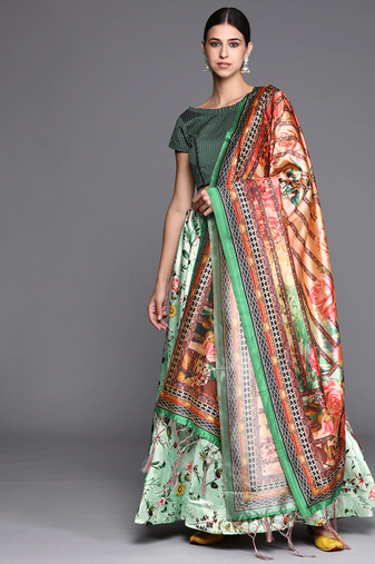 Green Digital Floral Print Satin Silk Fabric Semistitched Lehenga Choli With Jequared Unstitched Blouse with Dupatta