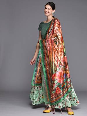 Green Digital Floral Print Satin Silk Fabric Semistitched Lehenga Choli With Jequared Unstitched Blouse with Dupatta 2