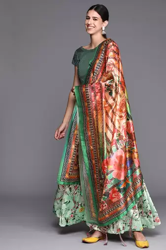 Green Digital Floral Print Satin Silk Fabric Semistitched Lehenga Choli With Jequared Unstitched Blouse with Dupatta