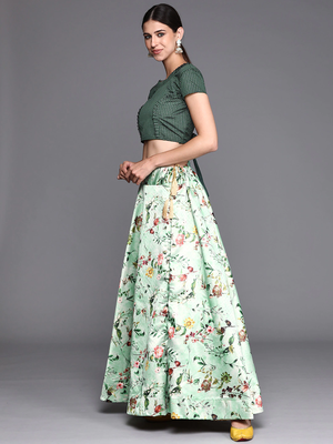 Green Digital Floral Print Satin Silk Fabric Semistitched Lehenga Choli With Jequared Unstitched Blouse with Dupatta 4