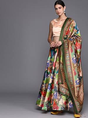 Peach Digital Floral Print Satin Silk Fabric Semistitched Lehenga Choli With Jequared Unstitched Blouse with Dupatta 1