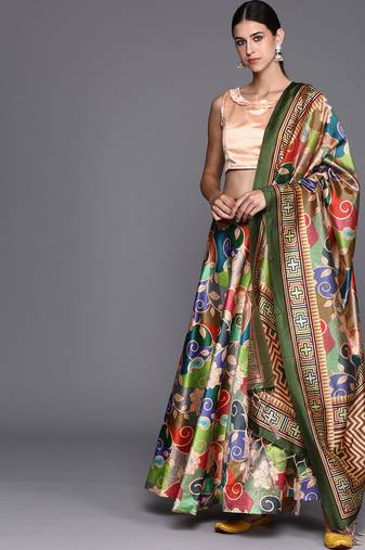 Peach Digital Floral Print Satin Silk Fabric Semistitched Lehenga Choli With Jequared Unstitched Blouse with Dupatta
