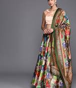 Peach Digital Floral Print Satin Silk Fabric Semistitched Lehenga Choli With Jequared Unstitched Blouse with Dupatta